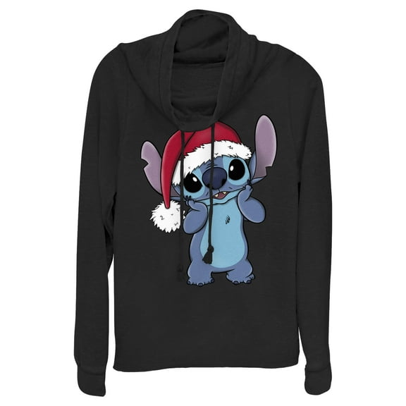 Junior's Lilo & Stitch Santa Surprise  Cowl Neck Sweatshirt Black Medium