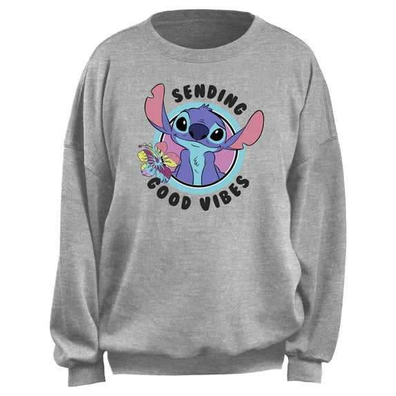 Junior's Lilo & Stitch Sending Good Vibes Logo Sweatshirt Heather Gray Large