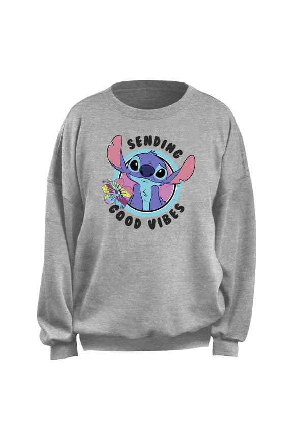 Junior's Lilo & Stitch Sending Good Vibes Logo Sweatshirt Heather Gray Medium