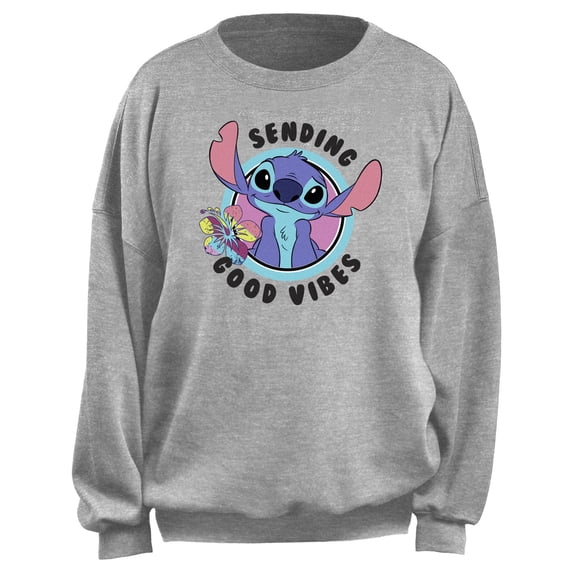 Junior's Lilo & Stitch Sending Good Vibes Logo Sweatshirt Heather Gray X Large