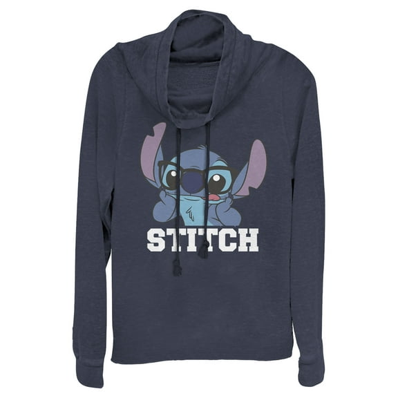 Junior's Lilo & Stitch Silly Black Glasses  Cowl Neck Sweatshirt Navy Blue Small