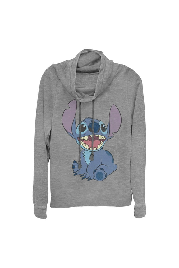 Junior's Lilo & Stitch Sitting Happily Cowl Neck Sweatshirt Gray Heather Small