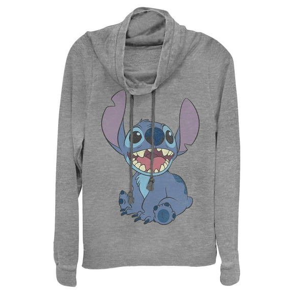 Junior's Lilo & Stitch Sitting Happily Cowl Neck Sweatshirt Gray Heather X Small