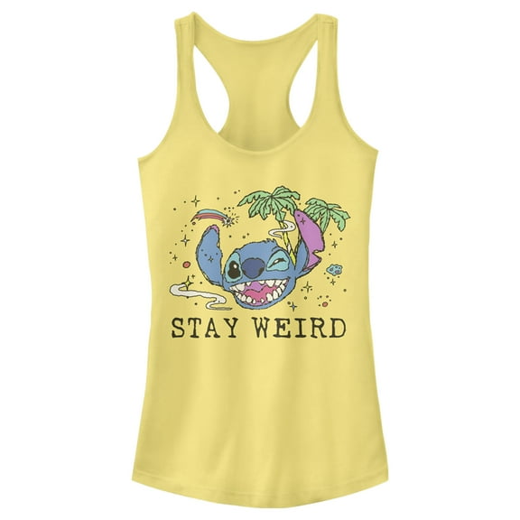 Junior's Lilo & Stitch Stay Weird  Racerback Tank Top Banana Large