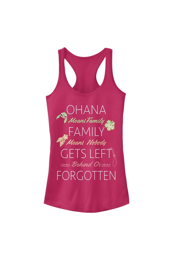 Junior's Lilo & Stitch Stylized Ohana means Family Quote Racerback Tank Top Dark Pink X Large