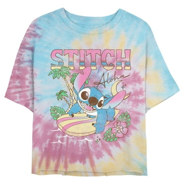 Junior's Lilo & Stitch Surfing Stitch Graphic Crop T-Shirt Blue/Pink/Light Yellow Small