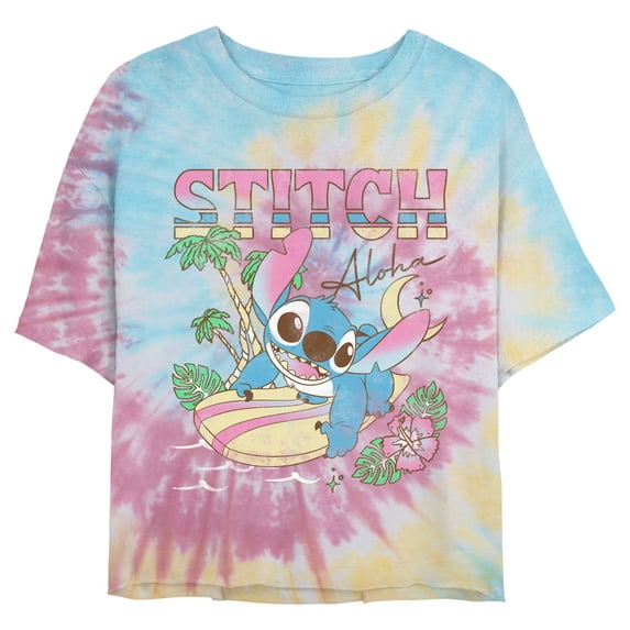 Juniors' Lilo & Stitch Surfing Stitch Graphic Cropped T-Shirt Blue/Pink/Light Yellow X Large