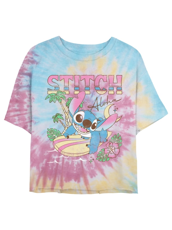 Juniors' Lilo & Stitch Surfing Stitch Graphic Cropped T-Shirt Blue/Pink/Light Yellow X Large