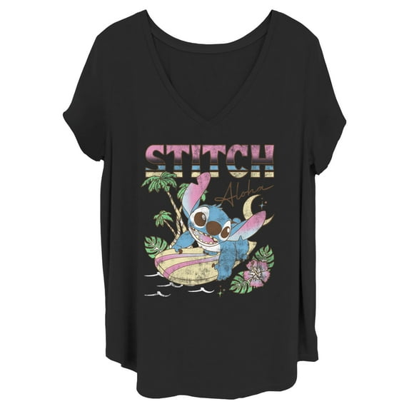 Junior's Lilo & Stitch Surfing Stitch Graphic Tee Black 2X