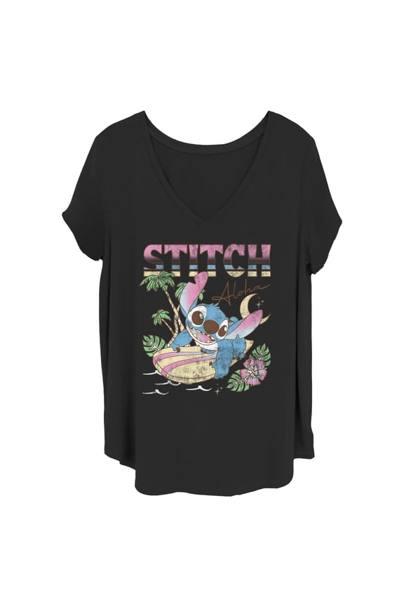 Junior's Lilo & Stitch Surfing Stitch Graphic Tee Black 4X