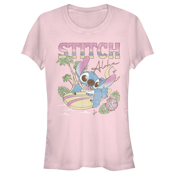 Junior's Lilo & Stitch Surfing Stitch Graphic Tee Light Pink 2X Large