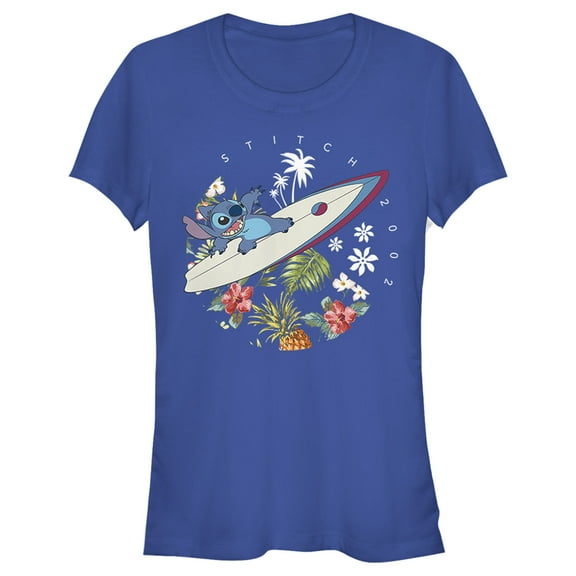 Junior's Lilo & Stitch Surfing Tropical Jungle Waves 2002 Graphic Tee Royal Blue Large