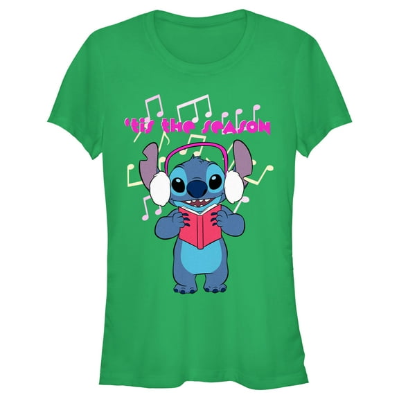 Junior's Lilo & Stitch Tis the Season  Graphic Tee Kelly Green 2X Large