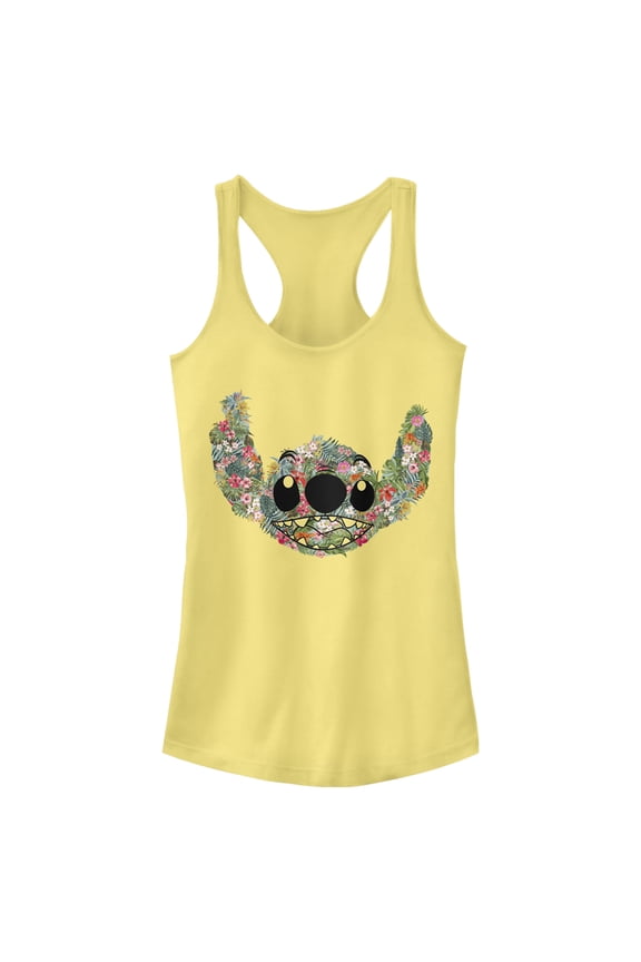 Junior's Lilo & Stitch Tropical Flower Big Face Racerback Tank Top Banana Medium