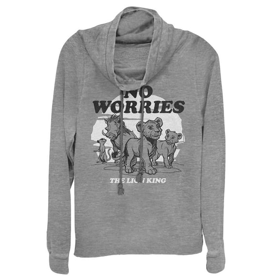 Junior's Lion King No Worries Cartoon  Cowl Neck Sweatshirt Gray Heather X Small
