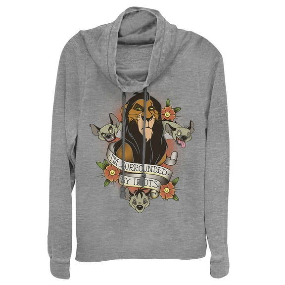 Junior's Lion King Scar Surrounded By Idiots Tattoo  Cowl Neck Sweatshirt Gray Heather Small