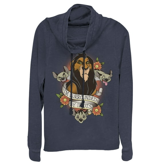 Junior's Lion King Scar Surrounded By Idiots Tattoo  Cowl Neck Sweatshirt Navy Blue 3X Large