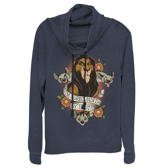Junior's Lion King Scar Surrounded By Idiots Tattoo Cowl Neck Sweatshirt Navy Blue 3X Large