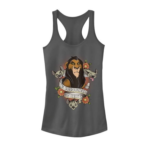Junior's Lion King Scar Surrounded By Idiots Tattoo Racerback Tank Top Charcoal Large