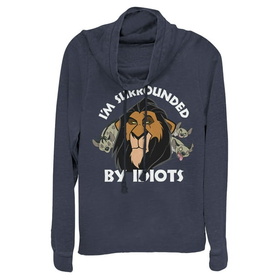 Junior's Lion King Scar Surrounded by Idiots Cowl Neck Sweatshirt Navy Blue Small