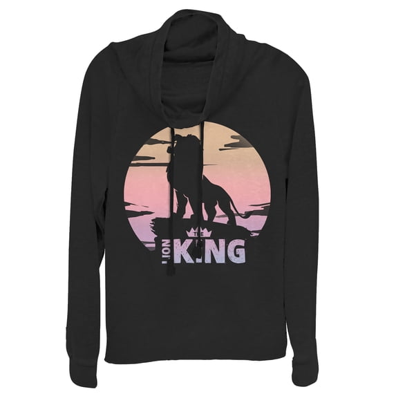 Junior's Lion King Sunset Pride Rock Pose Cowl Neck Sweatshirt Black Small