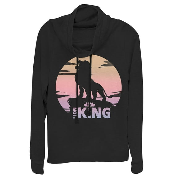Junior's Lion King Sunset Pride Rock Pose  Cowl Neck Sweatshirt Black X Large