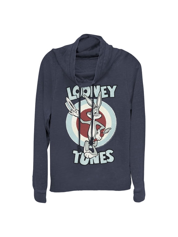 Junior's Looney Tunes Hats Off Bugs Bunny Cowl Neck Sweatshirt Navy Blue X Large
