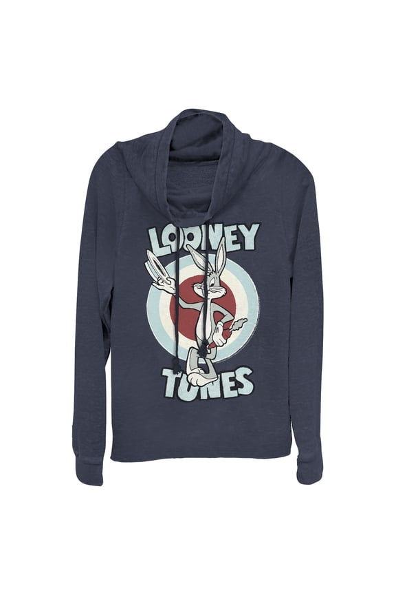 Junior's Looney Tunes Hats Off Bugs Bunny Cowl Neck Sweatshirt Navy Blue X Large