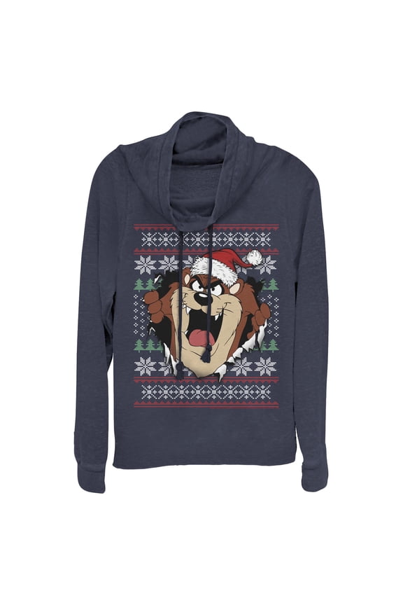 Junior's Looney Tunes Taz Ugly Christmas Sweater Print Cowl Neck Sweatshirt