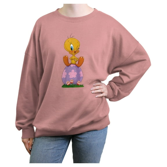 Junior's Looney Tunes Tweety Easter Egg Sweatshirt Desert Pink Medium