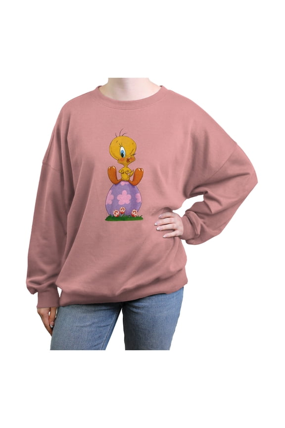Junior's Looney Tunes Tweety Easter Egg Sweatshirt Desert Pink X Large