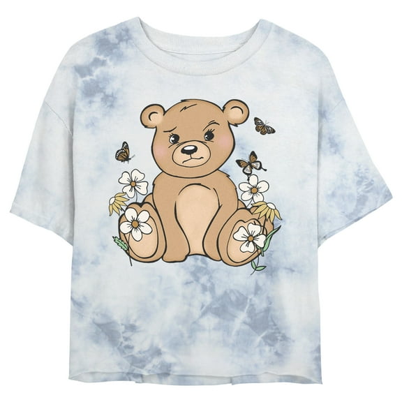 Junior's Lost Gods Adorable Teddy Flowers Graphic Crop T-Shirt White/Blue Small