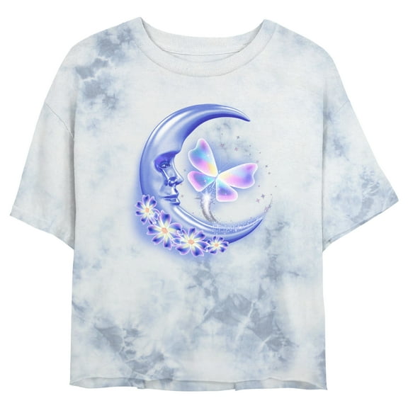 Junior's Lost Gods Airbrushed Half Crescent Moon Butterfly Graphic Crop T-Shirt White/Blue Small