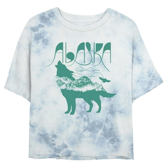 Junior's Lost Gods Alaska Wolf Silhouette Retro Graphic Crop T-Shirt White/Blue Small