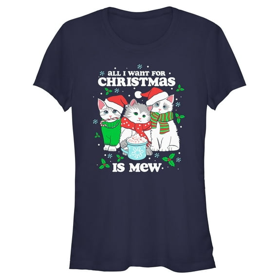 Junior's Lost Gods All I Want for Christmas Is Mew Graphic Tee Navy Blue Medium