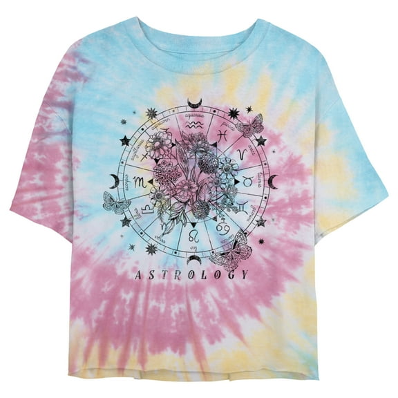 Juniors' Lost Gods Astrology Decorative Wheel Graphic Cropped T-Shirt Blue/Pink/Light Yellow X Large
