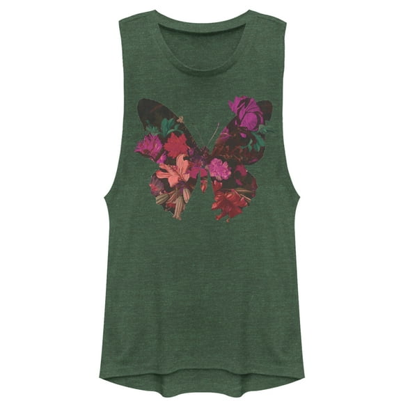 Junior's Lost Gods Autumn Floral Butterfly  Festival Muscle Graphic Tee Pine Green Heather 2X Large