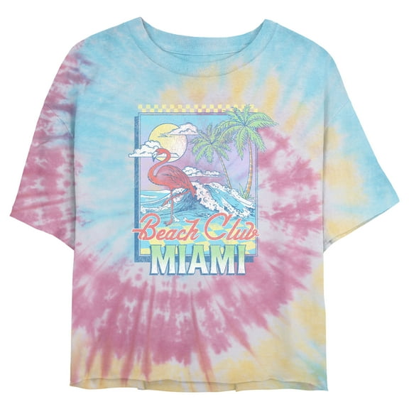 Juniors' Lost Gods Beach Club Miami Palm Trees Graphic Cropped T-Shirt Blue/Pink/Light Yellow X Large