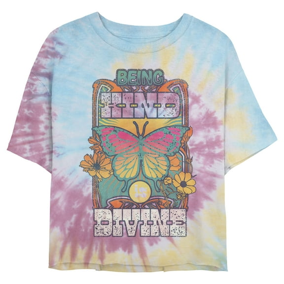 Juniors' Lost Gods Being Kind Is Divine Cropped T-Shirt Blue/Pink/Light Yellow Medium