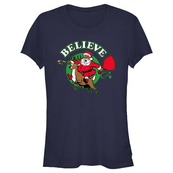 Junior's Lost Gods Believe Santa Candy Cane  Graphic Tee Navy Blue 2X Large