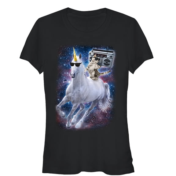 Junior's Lost Gods Boombox Cat and Unicorn Space Song Graphic Tee Black Medium