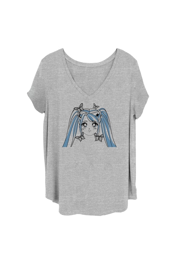Junior's Lost Gods Butterfly Anime Face Graphic Tee Heather Gray 1X