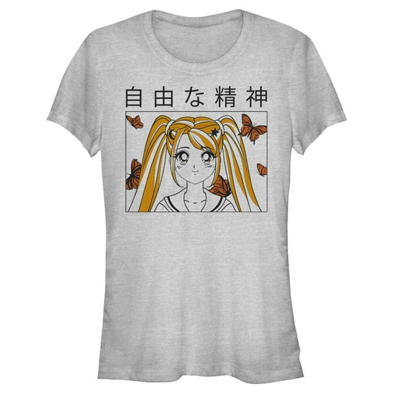 Junior's Lost Gods Butterfly Anime Girl Graphic Tee Athletic Heather 2X Large
