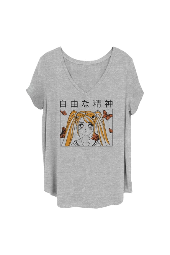 Junior's Lost Gods Butterfly Anime Girl  Graphic Tee Heather Gray 1X