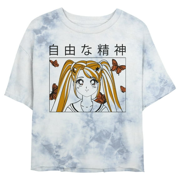 Junior's Lost Gods Butterfly Anime School Girl Graphic Crop T-Shirt White/Blue Small