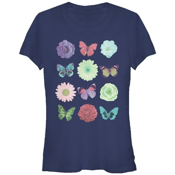 Junior's Lost Gods Butterfly Flower  Graphic Tee Navy Blue Large