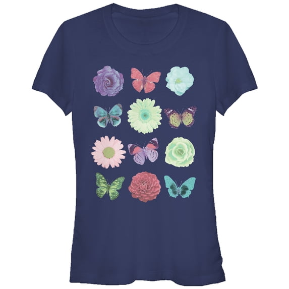 Junior's Lost Gods Butterfly Flower Graphic Tee Navy Blue Small