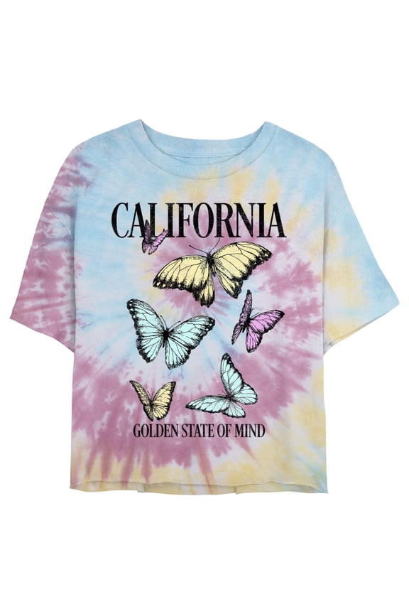 Juniors' Lost Gods California Butterflies Cropped T-Shirt Blue/Pink/Light Yellow Large