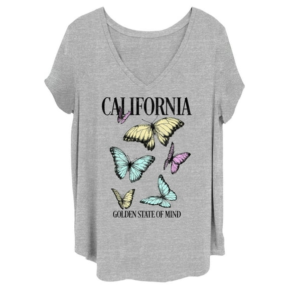 Junior's Lost Gods California Butterflies Graphic Tee Heather Gray 1X