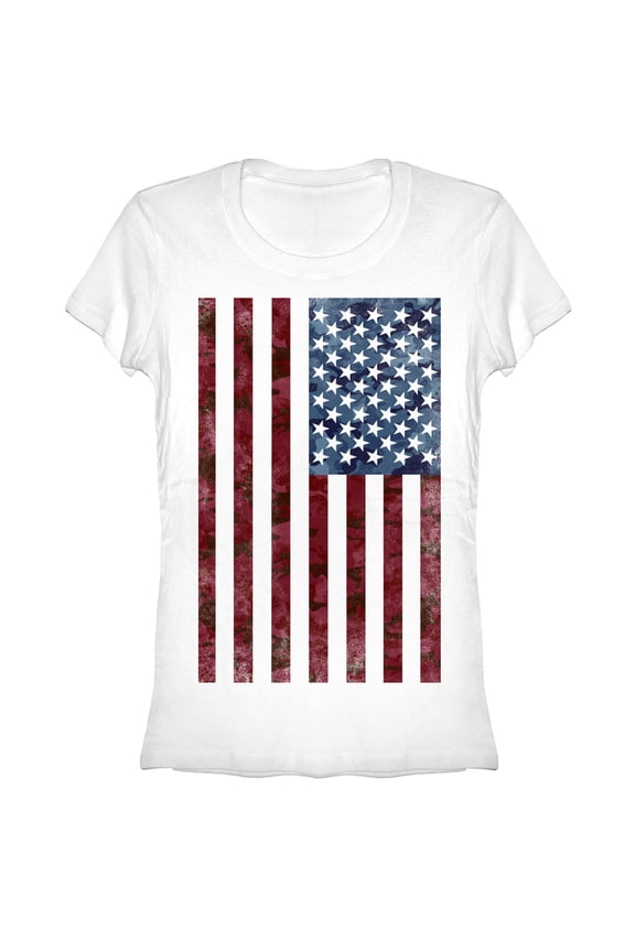 Junior's Lost Gods Camo American Flag Graphic Tee White Small